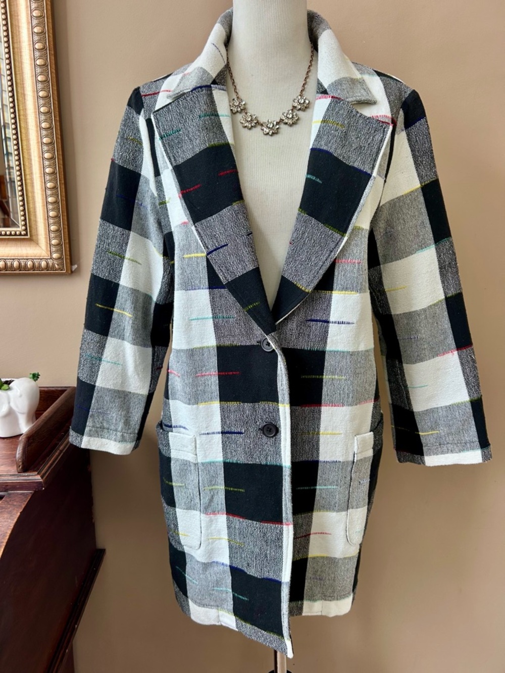 Anthropologie The Odells Cairo Plaid Blazer Jacket Black White Gingham Check L - Picture 2 of 16